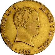Spain 160 Rs Ferdinand VII 1822 SR KM# 565 FERN 7º POR LA G DE DIOS Y LA CONST 1822 coin obverse Spain 160 Rs Ferdinand VII 1822 SR KM# 565 FERN 7º POR LA G DE DIOS Y LA CONST 1822 coin obverse