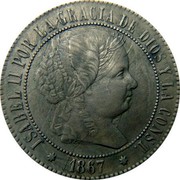 Spain 2-1/2 Centimos Seven-pointid star 1867 OM KM# 634.5 ISABEL II POR LA GRACIA DE DIOS Y LA CONST 1868 coin obverse Spain 2-1/2 Centimos Seven-pointid star 1867 OM KM# 634.5 ISABEL II POR LA GRACIA DE DIOS Y LA CONST 1868 coin obverse