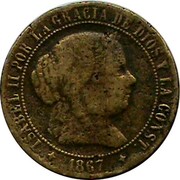 Spain 2 1/2 Centimos (25 Milesimas) Isabel II 1867 OM KM# 634.2 ISABEL II POR LA GRACIA DE DIOS Y LA CONST 1867 coin obverse Spain 2 1/2 Centimos (25 Milesimas) Isabel II 1867 OM KM# 634.2 ISABEL II POR LA GRACIA DE DIOS Y LA CONST 1867 coin obverse