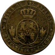 Spain 2 1/2 Centimos (25 Milesimas) Isabel II 1867 OM KM# 634.2 REINA DE LAS ESPAÑAS 2 1/2 CENTIMOS DE ESCUDO OM coin reverse Spain 2 1/2 Centimos (25 Milesimas) Isabel II 1867 OM KM# 634.2 REINA DE LAS ESPAÑAS 2 1/2 CENTIMOS DE ESCUDO OM coin reverse