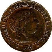 Spain 2-1/2 Centimos Eight-pointed star 1868 OM KM# 634.1 ISABEL II POR LA GRACIA DE DIOS Y LA CONST 1868 coin obverse Spain 2-1/2 Centimos Eight-pointed star 1868 OM KM# 634.1 ISABEL II POR LA GRACIA DE DIOS Y LA CONST 1868 coin obverse