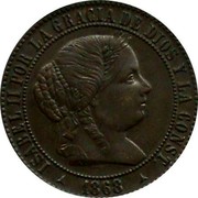 Spain 2-1/2 Centimos (Isabel II) KM# 634.4 ISABEL II POR LA GRACIA DE DIOS Y LA CONST 1868 coin obverse Spain 2-1/2 Centimos (Isabel II) KM# 634.4 ISABEL II POR LA GRACIA DE DIOS Y LA CONST 1868 coin obverse