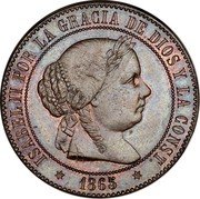 Spain 2-1/2 Centimos 1865 KM# 634.3 Second Decimal Coinage ISABEL II POR LA GRACIA DE DIOS Y LA CONST 1865 coin obverse Spain 2-1/2 Centimos 1865 KM# 634.3 Second Decimal Coinage ISABEL II POR LA GRACIA DE DIOS Y LA CONST 1865 coin obverse