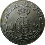 Spain 2-1/2 Centimos 1865 KM# 634.3 Second Decimal Coinage REYNA DE LAS ESPANAS 2 1/2 CENTIMOS DE ESCUDO coin reverse Spain 2-1/2 Centimos 1865 KM# 634.3 Second Decimal Coinage REYNA DE LAS ESPANAS 2 1/2 CENTIMOS DE ESCUDO coin reverse
