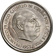 Spain 2.50 Pesetas Francisco Franco 1953 (56) Proof KM# 785 FRANCISCO FRANCO CAUDILLO DE ESPAÑA POR LA G. DE DIOS 1953 coin obverse Spain 2.50 Pesetas Francisco Franco 1953 (56) Proof KM# 785 FRANCISCO FRANCO CAUDILLO DE ESPAÑA POR LA G. DE DIOS 1953 coin obverse