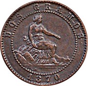 Spain 2 Centimos Provisional Government 1870 OM KM# 661 DOS GRAMOS 1870 L M coin obverse Spain 2 Centimos Provisional Government 1870 OM KM# 661 DOS GRAMOS 1870 L M coin obverse