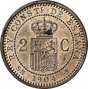 Spain 2 C Alfonso XIII 4th portrait 1904 (04) SM-V KM# 722 REY CONTSL DE ESPAÑA 2 C S M 1904 V coin reverse Spain 2 C Alfonso XIII 4th portrait 1904 (04) SM-V KM# 722 REY CONTSL DE ESPAÑA 2 C S M 1904 V coin reverse