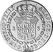 Spain 2 S Ferdinand VII 1827 S JB KM# 483.2 IN UTROQ FELIX AUSPICE DEO 2 S S J B coin reverse