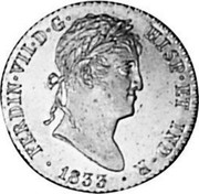 Spain 2 S Ferdinand VII 1833 AJ KM# 483.1 FERDIN VII D G HISP ET IND R 1833 coin obverse Spain 2 S Ferdinand VII 1833 AJ KM# 483.1 FERDIN VII D G HISP ET IND R 1833 coin obverse
