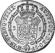 Spain 2 S Ferdinand VII 1833 AJ KM# 483.1 IN ULTROQ FELIX AUSPICE DEO M A J 2 S coin reverse Spain 2 S Ferdinand VII 1833 AJ KM# 483.1 IN ULTROQ FELIX AUSPICE DEO M A J 2 S coin reverse
