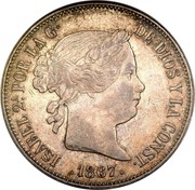 Spain 2 Escudos Isabel II 1867 KM# 629 ISABEL 2A. POR LA G DE DIOS Y LA CONST 1867 coin obverse Spain 2 Escudos Isabel II 1867 KM# 629 ISABEL 2A. POR LA G DE DIOS Y LA CONST 1867 coin obverse