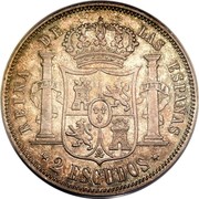 Spain 2 Escudos Isabel II 1867 KM# 629 2 ESCUDOS PLUS ULTRA / REINA DE LAS ESPAÑAS coin reverse Spain 2 Escudos Isabel II 1867 KM# 629 2 ESCUDOS PLUS ULTRA / REINA DE LAS ESPAÑAS coin reverse