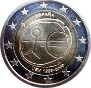 Spain 2 Euro 10th Anniversary of the European Monetary Union 2009 Large Stars KM# 1142.2 ESPAÑA M € UEM 1999 - 2009 coin obverse Spain 2 Euro 10th Anniversary of the European Monetary Union 2009 Large Stars KM# 1142.2 ESPAÑA M € UEM 1999 - 2009 coin obverse