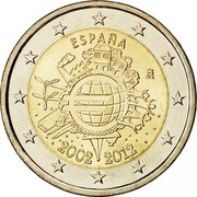 Spain 2 Euro 10th Anniversary of Euro Banknotes and Coins 2012 Proof KM# 1252 ESPAÑA A.H. € 2002 2012 coin obverse Spain 2 Euro 10th Anniversary of Euro Banknotes and Coins 2012 Proof KM# 1252 ESPAÑA A.H. € 2002 2012 coin obverse