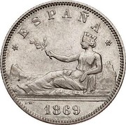 Spain 2 Pesetas Provisional Government 1869 (69) SN-M KM# 654 ESPAÑA L M 1870 coin obverse Spain 2 Pesetas Provisional Government 1869 (69) SN-M KM# 654 ESPAÑA L M 1870 coin obverse