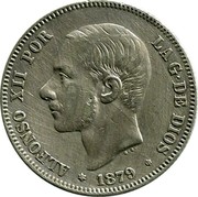 Spain 2 Pesetas 1879 (79) EM-M KM# 678.1 Third Decimal Coinage ALFONSO XII POR LA G DE DIOS 1879 coin obverse Spain 2 Pesetas 1879 (79) EM-M KM# 678.1 Third Decimal Coinage ALFONSO XII POR LA G DE DIOS 1879 coin obverse