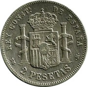 Spain 2 Pesetas 1879 (79) EM-M KM# 678.1 Third Decimal Coinage REY CONSTL. DE ESPAÑA M S 2 PESETAS M coin reverse Spain 2 Pesetas 1879 (79) EM-M KM# 678.1 Third Decimal Coinage REY CONSTL. DE ESPAÑA M S 2 PESETAS M coin reverse