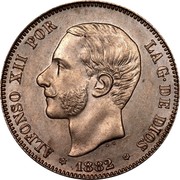 Spain 2 Pesetas Alfonso XII 1882 (82) MS-M KM# 678.2 ALFONSO XII POR LA G DE DIOS 1883 coin obverse Spain 2 Pesetas Alfonso XII 1882 (82) MS-M KM# 678.2 ALFONSO XII POR LA G DE DIOS 1883 coin obverse