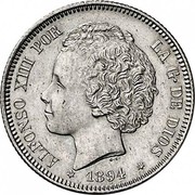 Spain 2 Pesetas Alfonso XIII 1894 (94) PG-V KM# 704 1894 ALFONSO XIII POR LA G DE DIOS coin obverse Spain 2 Pesetas Alfonso XIII 1894 (94) PG-V KM# 704 1894 ALFONSO XIII POR LA G DE DIOS coin obverse