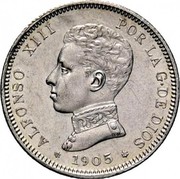 Spain 2 Pesetas Alfonso XIII 4th portrait 1905 (05) SM-V KM# 725 ALFONSO XIII POR LA G DE DIOS 1905 coin obverse Spain 2 Pesetas Alfonso XIII 4th portrait 1905 (05) SM-V KM# 725 ALFONSO XIII POR LA G DE DIOS 1905 coin obverse