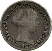 Spain 2 Reales 1853 KM# 599.3 Kingdom Decimal Coinage ISABEL 2A POR LA G DE DIOS Y LA CONST. 1853 coin obverse Spain 2 Reales 1853 KM# 599.3 Kingdom Decimal Coinage ISABEL 2A POR LA G DE DIOS Y LA CONST. 1853 coin obverse