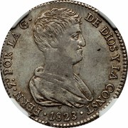 Spain 4 Reales Valencia Sitiada 1823 LL The 4 Reales de Vellon circulated as a regular issue 2 Reales while the 2 Reales de Vellon circulated as a regular 1 Real KM# 85 FERN 7°POR LA G DE DIOS Y LA CONST 1823 coin obverse Spain 4 Reales Valencia Sitiada 1823 LL The 4 Reales de Vellon circulated as a regular issue 2 Reales while the 2 Reales de Vellon circulated as a regular 1 Real KM# 85 FERN 7°POR LA G DE DIOS Y LA CONST 1823 coin obverse