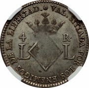 Spain 4 Reales Valencia Sitiada 1823 LL The 4 Reales de Vellon circulated as a regular issue 2 Reales while the 2 Reales de Vellon circulated as a regular 1 Real KM# 85 VAL SITIADA POR LOS ENEMIGOS DE LA LIBERTAD 4 R LL coin reverse Spain 4 Reales Valencia Sitiada 1823 LL The 4 Reales de Vellon circulated as a regular issue 2 Reales while the 2 Reales de Vellon circulated as a regular 1 Real KM# 85 VAL SITIADA POR LOS ENEMIGOS DE LA LIBERTAD 4 R LL coin reverse