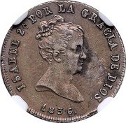 Spain 2 Reales Isabel II 1836 DR KM# A513.2 ISABEL 2A POR LA GRACIA DE DIOS 1836 coin obverse Spain 2 Reales Isabel II 1836 DR KM# A513.2 ISABEL 2A POR LA GRACIA DE DIOS 1836 coin obverse