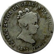 Spain 2 Reales 1839 RD KM# 513.2 Milled Real Coinage ISABEL 2A POR LA GRACIA DE DIOS Y LA CONST 1839 coin obverse Spain 2 Reales 1839 RD KM# 513.2 Milled Real Coinage ISABEL 2A POR LA GRACIA DE DIOS Y LA CONST 1839 coin obverse