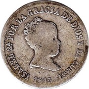 Spain 2 Reales 1845 CL KM# 526.1 Milled Real Coinage ISABEL 2A POR LA GRACIA DE DIOS Y LA CONST 1845 coin obverse Spain 2 Reales 1845 CL KM# 526.1 Milled Real Coinage ISABEL 2A POR LA GRACIA DE DIOS Y LA CONST 1845 coin obverse