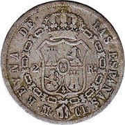 Spain 2 Reales 1845 CL KM# 526.1 Milled Real Coinage REYNA DE LAS ESPAÑAS 2 RS M CL coin reverse Spain 2 Reales 1845 CL KM# 526.1 Milled Real Coinage REYNA DE LAS ESPAÑAS 2 RS M CL coin reverse