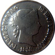 Spain 2 Reales 1858 KM# 607.3 Kingdom Decimal Coinage ISABEL 2A POR LA G DE DIOS Y LA CONST. 1858 coin obverse Spain 2 Reales 1858 KM# 607.3 Kingdom Decimal Coinage ISABEL 2A POR LA G DE DIOS Y LA CONST. 1858 coin obverse