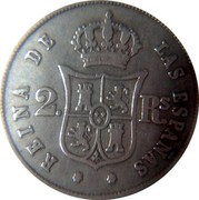Spain 2 Reales 1858 KM# 607.3 Kingdom Decimal Coinage REINA DE LAS ESPAÑAS 2 RS coin reverse Spain 2 Reales 1858 KM# 607.3 Kingdom Decimal Coinage REINA DE LAS ESPAÑAS 2 RS coin reverse