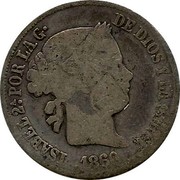 Spain 2 Reales Isabel II 1860 KM# 607.2 ISABEL 2A POR LA G DE DIOS Y LA CONST. 1860 coin obverse Spain 2 Reales Isabel II 1860 KM# 607.2 ISABEL 2A POR LA G DE DIOS Y LA CONST. 1860 coin obverse