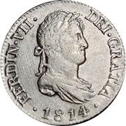 Spain 2 Reales Ferdinand VII 1814 GJ KM# 460.2 FERDIN VII DEI GRATIA 1824 coin obverse Spain 2 Reales Ferdinand VII 1814 GJ KM# 460.2 FERDIN VII DEI GRATIA 1824 coin obverse