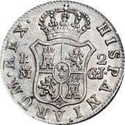Spain 2 Reales Ferdinand VII 1814 GJ KM# 460.2 HISPANIARUM REX R 2 M AJ coin reverse Spain 2 Reales Ferdinand VII 1814 GJ KM# 460.2 HISPANIARUM REX R 2 M AJ coin reverse