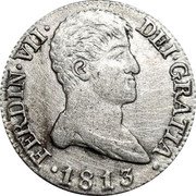 Spain 2 Reales Fernando VII 1813 IJ KM# 474.3 FERDIN VII DEI GRATIA 1812 coin obverse Spain 2 Reales Fernando VII 1813 IJ KM# 474.3 FERDIN VII DEI GRATIA 1812 coin obverse