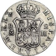 Spain 2 Reales Fernando VII 1813 IJ KM# 474.3 HISPANIARUM REX R 2 M IJ coin reverse Spain 2 Reales Fernando VII 1813 IJ KM# 474.3 HISPANIARUM REX R 2 M IJ coin reverse