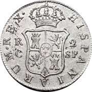 Spain 2 Reales Fernando VII 1814 SF KM# 464 HISPANIARUM REX R 2 C SF coin reverse Spain 2 Reales Fernando VII 1814 SF KM# 464 HISPANIARUM REX R 2 C SF coin reverse