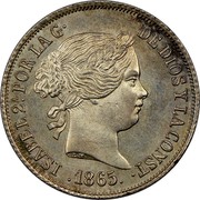 Spain 20 Centimos Isabel II 1865 KM# 625.1 ISABEL 2A POR LA G. DE DIOS Y LA CONST. 1865 coin obverse Spain 20 Centimos Isabel II 1865 KM# 625.1 ISABEL 2A POR LA G. DE DIOS Y LA CONST. 1865 coin obverse