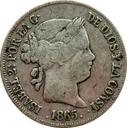 Spain 20 Centimos de Escudo. Sevilla 1865 KM# 625.2 ISABEL 2A POR LA G. DE DIOS Y LA CONST. 1865 coin obverse Spain 20 Centimos de Escudo. Sevilla 1865 KM# 625.2 ISABEL 2A POR LA G. DE DIOS Y LA CONST. 1865 coin obverse