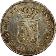 Spain 20 Centimos Isabel II 1865 KM# 625.1 REINA DE LAS ESPAÑAS 20 CENTS .DE ESC coin reverse Spain 20 Centimos Isabel II 1865 KM# 625.1 REINA DE LAS ESPAÑAS 20 CENTS .DE ESC coin reverse