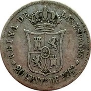 Spain 20 Centimos de Escudo. Sevilla 1865 KM# 625.2 REINA DE LAS ESPAÑAS 20 CENTS .DE ESC coin reverse Spain 20 Centimos de Escudo. Sevilla 1865 KM# 625.2 REINA DE LAS ESPAÑAS 20 CENTS .DE ESC coin reverse