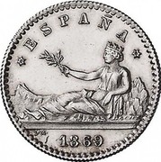 Spain 20 Centimos Provisional Government 1869 (69) SN-M KM# 650 ESPAÑA L M 1869 coin obverse Spain 20 Centimos Provisional Government 1869 (69) SN-M KM# 650 ESPAÑA L M 1869 coin obverse