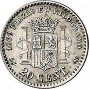 Spain 20 Centimos Provisional Government 1869 (69) SN-M KM# 650 1000 PIEZAS EN KILOGRAMO 20 CENT. M PLUS ULTRA S N coin reverse Spain 20 Centimos Provisional Government 1869 (69) SN-M KM# 650 1000 PIEZAS EN KILOGRAMO 20 CENT. M PLUS ULTRA S N coin reverse