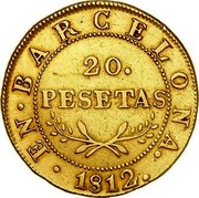 Spain 20 Pesetas Barcelona 1812 BA KM# 76 20 PESETAS EN BARCELONA 1812 coin obverse Spain 20 Pesetas Barcelona 1812 BA KM# 76 20 PESETAS EN BARCELONA 1812 coin obverse