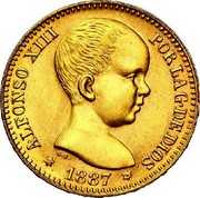 Spain 20 Pesetas Alfonso XIII 1887 (61) PG-V KM# 693 ALFONSO XIII POR LA G DE DIOS G S 1887 coin obverse Spain 20 Pesetas Alfonso XIII 1887 (61) PG-V KM# 693 ALFONSO XIII POR LA G DE DIOS G S 1887 coin obverse
