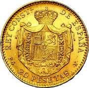 Spain 20 Pesetas Alfonso XIII 1887 (61) PG-V KM# 693 REY CONSTL DE ESPAÑA M P 20 PESETAS M coin reverse Spain 20 Pesetas Alfonso XIII 1887 (61) PG-V KM# 693 REY CONSTL DE ESPAÑA M P 20 PESETAS M coin reverse