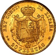 Spain 20 Pesetas Alfonso XIII 1892 (92) PG-M KM# 701 20 PESETAS P G M REY CONSTL. DE ESPAÑA coin reverse Spain 20 Pesetas Alfonso XIII 1892 (92) PG-M KM# 701 20 PESETAS P G M REY CONSTL. DE ESPAÑA coin reverse