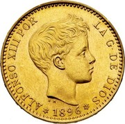 Spain 20 Pesetas Alfonso XIII 1896 (62) PG-V Restrike (restruck by the Spanish Mint from original dies and considered official restrike issues) KM# 709 ALFONSO XIII POR LA G DE DIOS B M 1899 coin obverse Spain 20 Pesetas Alfonso XIII 1896 (62) PG-V Restrike (restruck by the Spanish Mint from original dies and considered official restrike issues) KM# 709 ALFONSO XIII POR LA G DE DIOS B M 1899 coin obverse